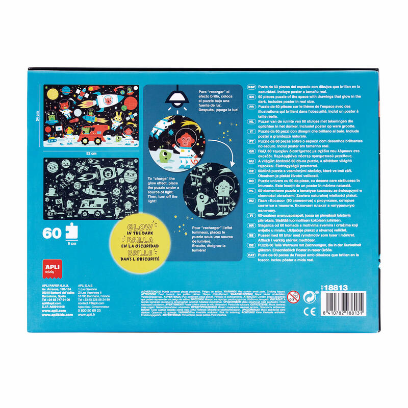 Apli glow in the dark puzzle fluorescente de 60 piezas 6x6cm – tematica espacio – efecto fluorescente que revela