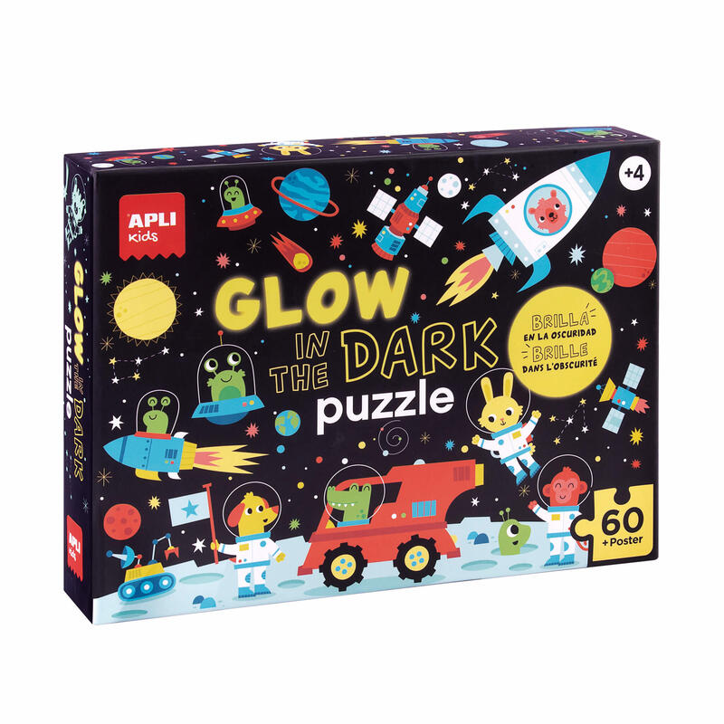 Apli glow in the dark puzzle fluorescente de 60 piezas 6x6cm – tematica espacio – efecto fluorescente que revela