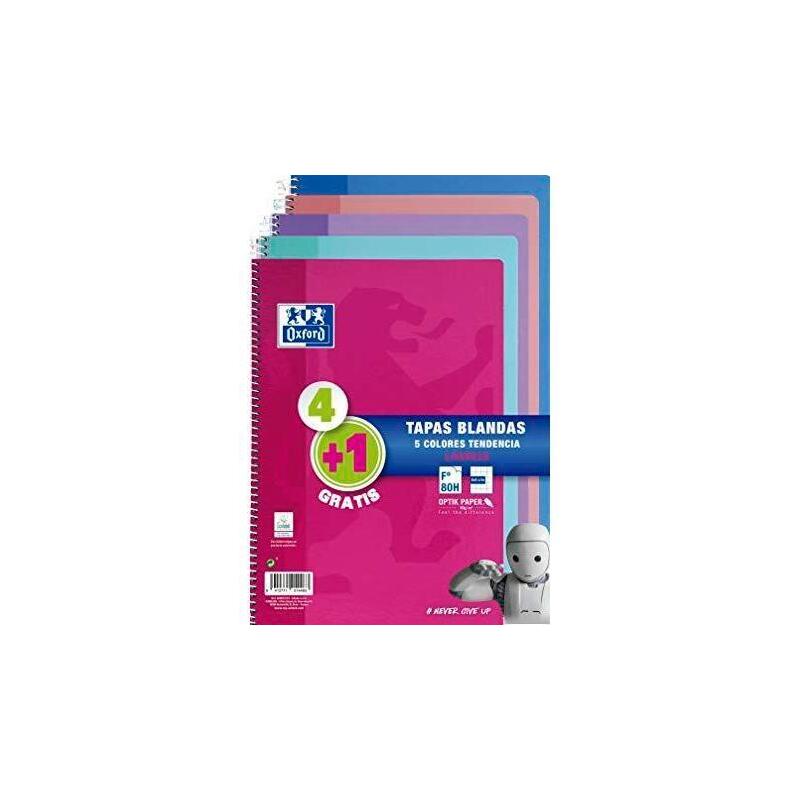 Oxford cuaderno espiral 80 hojas 4×4 con margen tapas blandas folio colores tendencia -pack 4+1-