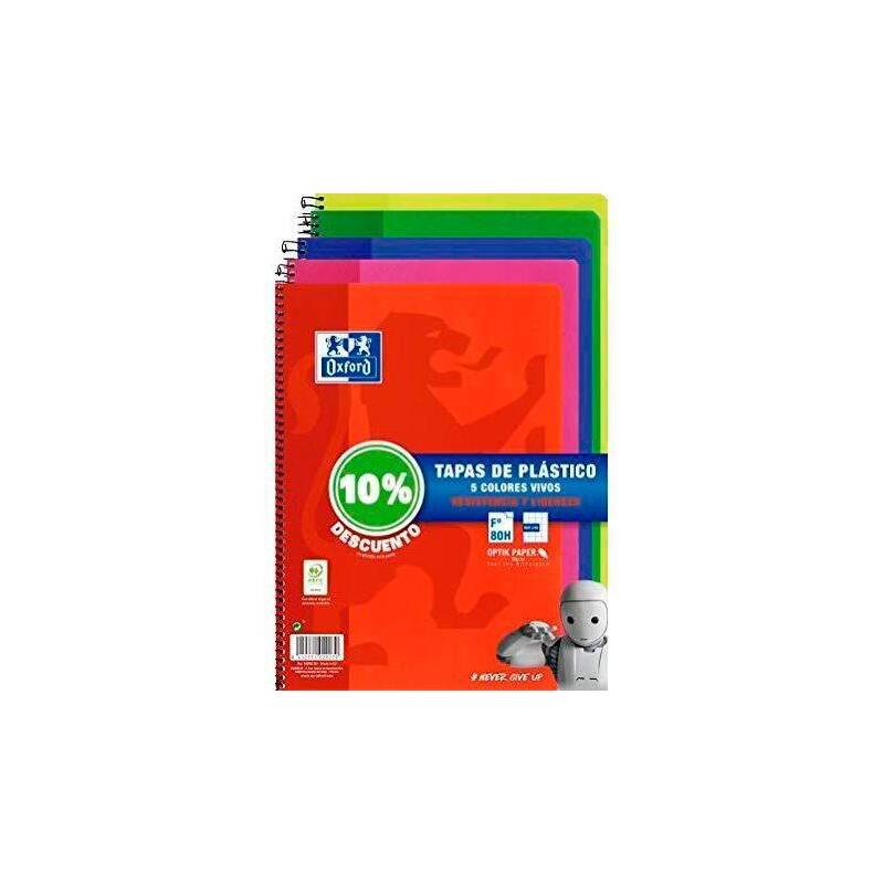 Oxford cuaderno espiral 80 hojas 4×4 con margen tapas de plÁstico folio colores vivos (10% dto) -pack 5u-