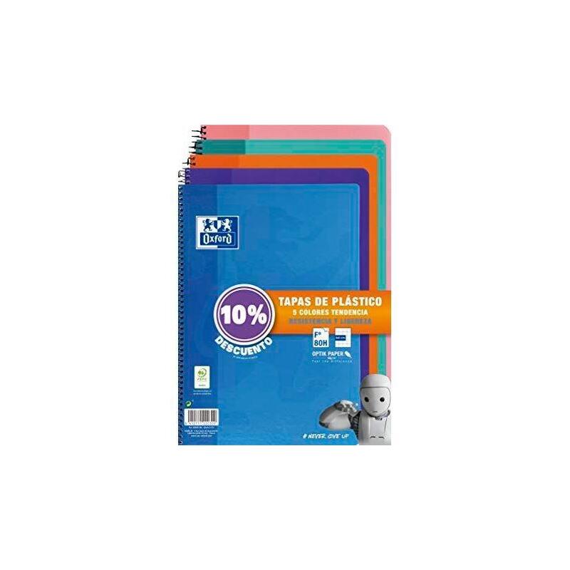 Oxford cuaderno espiral 80 hojas 4×4 con margen tapas de plÁstico folio colores tendencia (10% dto) -pack 5u-