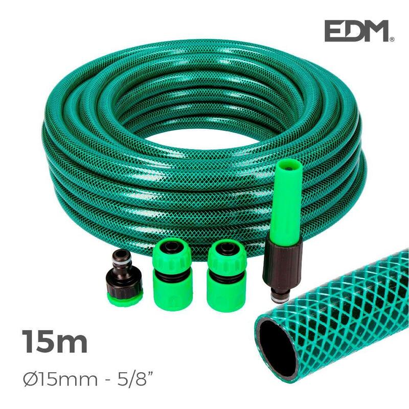 Kit manguera jardin basic line Ø interior 15mm Ø exterior 19mm (5/8″) – rollo 15mts con accesorios edm