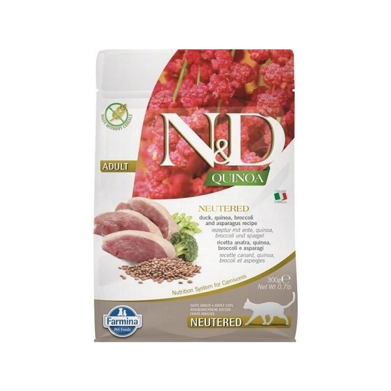 Farmina n&d quinoa cat duck, broccoli, asparagus neutered adult  – comida seca para gatos – 300 g