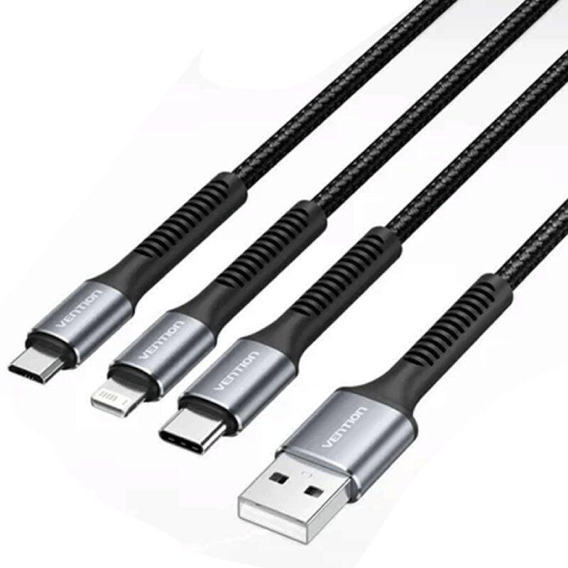 Cable usb tipo-c lightning vention h18bav usb tipo-c macho lightning macho microusb macho usb macho 1.2m negro