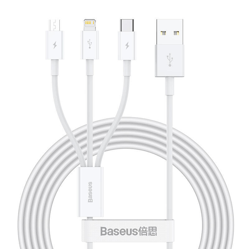 Baseus cable superior series 3-in-1 fast charging data cable usb to m+l+c 3.5a 1.5m white (camltys-02)