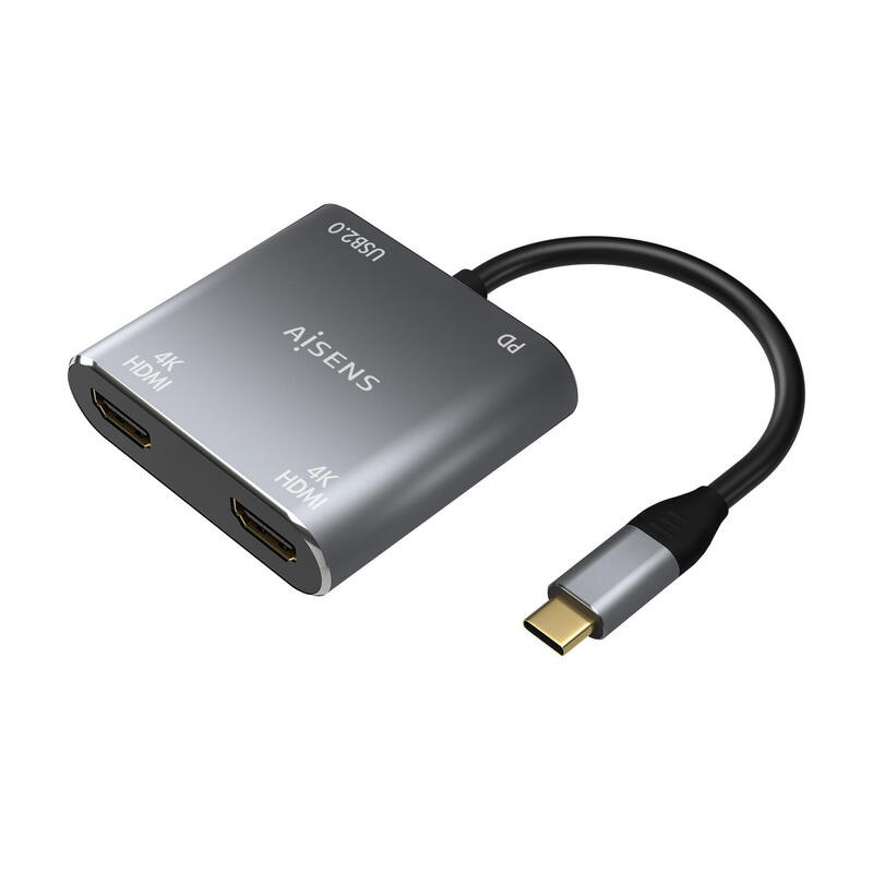 Aisens conversor usb-c a 2xhdmi 4k sst mst/usb2.0/usb-c pd 60w – usb-c/m-2xhdmi/h-usb-a/h-usb-c/h – 15cm – gris