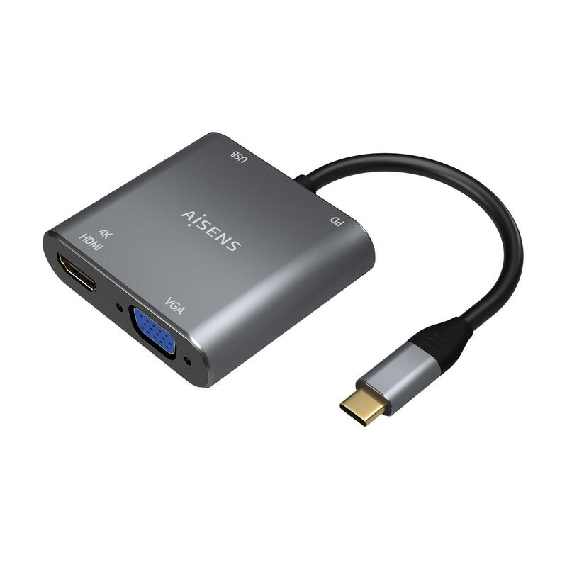 Aisens conversor usb-c a vga/hdmi 4k/usb3.0/usb-c pd – usb-c/m-vga/h-hdmi/h-usb-a/h-usb-c/h – 15cm – gris