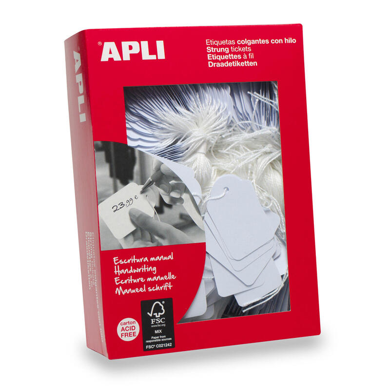 Apli caja 500 etiquetas colgantes con hilo 36x53mm blanco