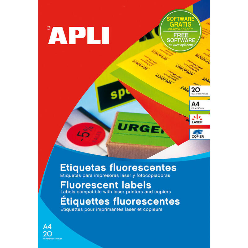 Apli etiquetas adhesivas 210x297mm lÁser c/rectos 1 x 20h verde fluorescente