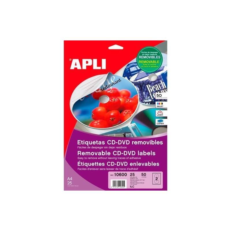Apli etiquetas adhesivas cd/dvd tamaÑo mega inkjet/lÁser 2 x 25h blanco mate