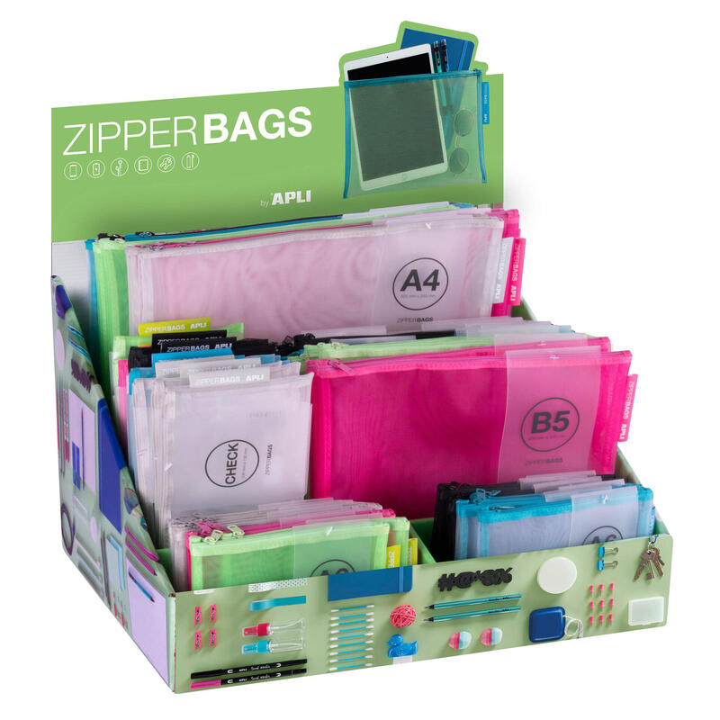 Apli expositor zipper bags de nylon – tamaÑos y colores surtidos – alta calidad y durabilidad – ideal para documentos, electroni