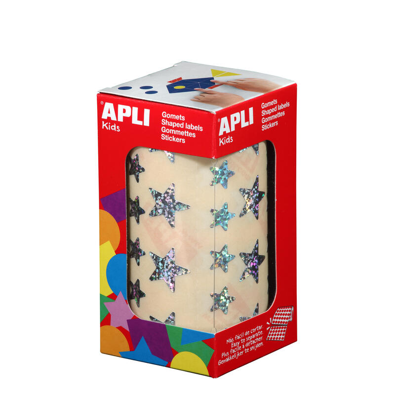 Apli gomets estrella holograficos – 12.5mm y 19.5mm – adhesivo permanente – 59 hojas pretroqueladas – 2.360 gomets por rollo