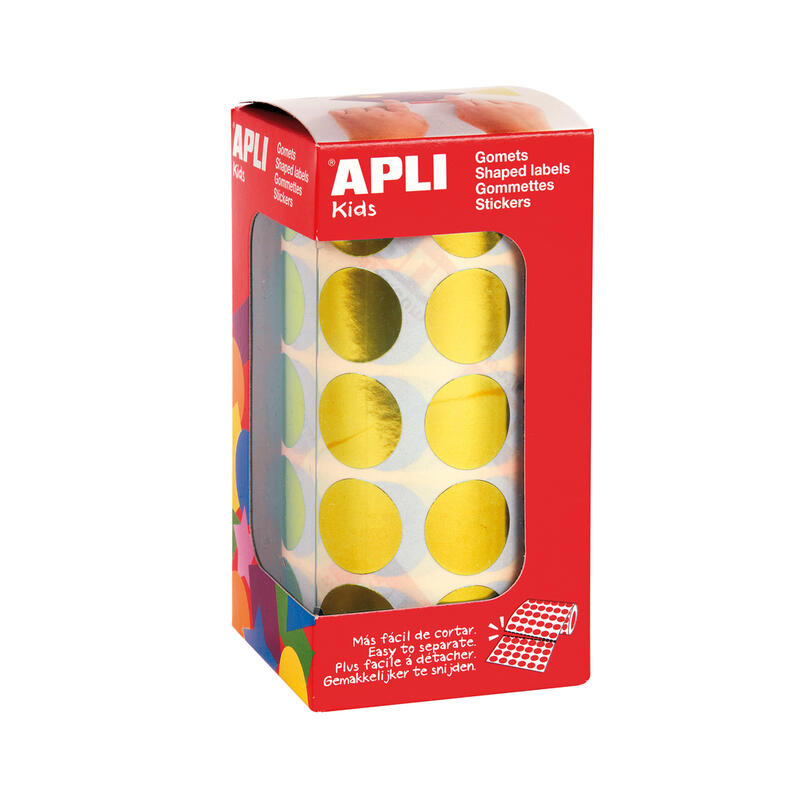 Apli gomets redondos amarillo metalizado Ø 20mm – 59 hojas pretroqueladas – 1770 gomets por rollo – adhesivo base agua – normas
