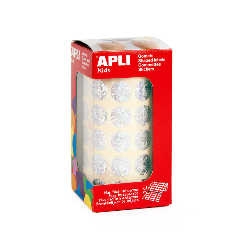 Apli gomets redondos holograficos – tamaÑo Ø 15mm – adhesivo permanente – 59 hojas pretroqueladas – desarrolla la psicomotricida