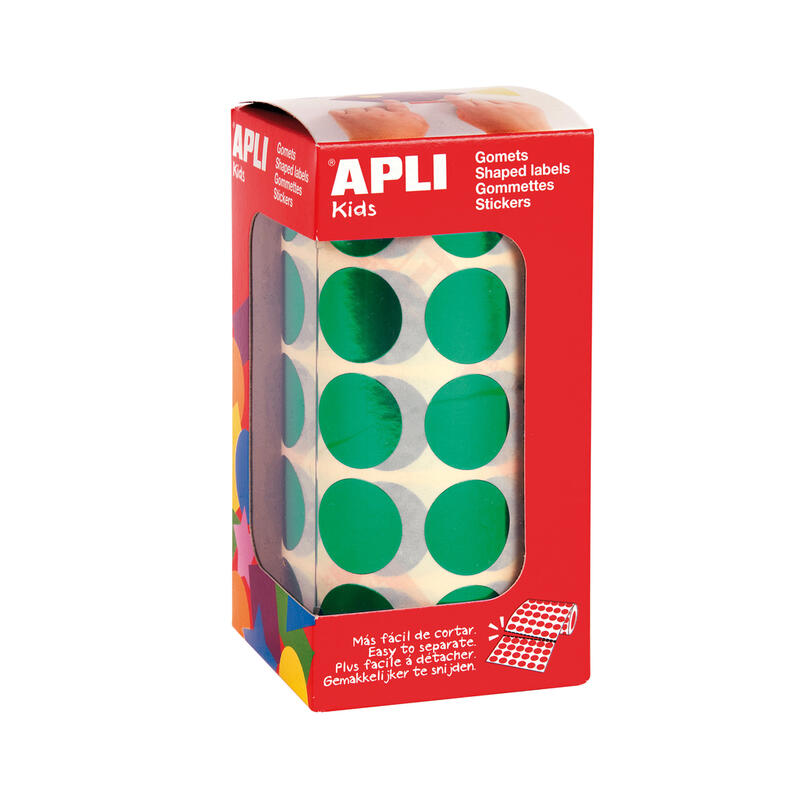 Apli gomets redondos Ø 20mm verde metalizado – 59 hojas pretroqueladas – adhesivo permanente – normas en-71 y fsc – adhesivo bas