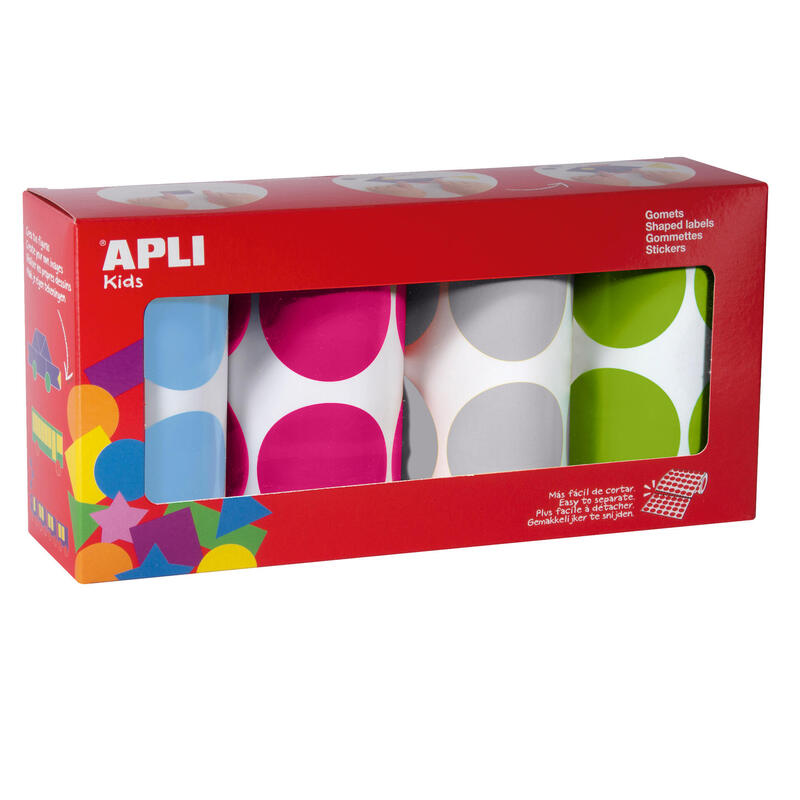 Apli gomets redondos Ø 45mm – pack de 4 rollos en colores surtidos – adhesivo permanente – 1416 gomets por pack – desarrollo de