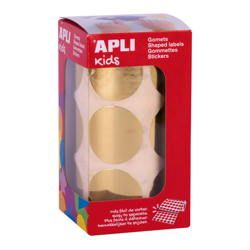 Apli gomets redondos oro metalizado – Ø33mm – 59 hojas pretroqueladas – 708 gomets por rollo – cumplen normas en-71 y fsc – adhe