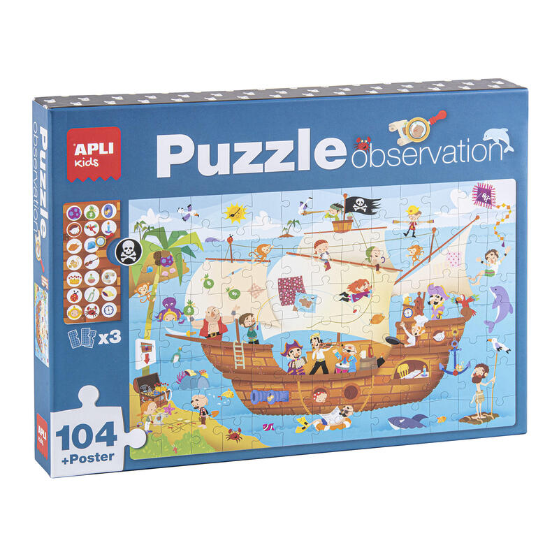 Apli kids puzle de observacion barco pirata – 104 piezas de 5×5 cm – poster de tamaÑo real – fichas con objetos – diseÑo infanti