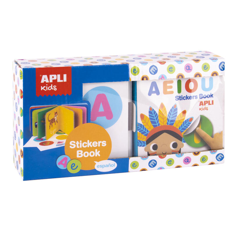 Apli libro de pegatinas vocales educativo – tamaÑo 100x100x40 – 10 paginas de carton rigido de 3mm – 5 hojas de gomets removible