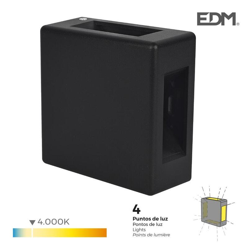 Aplique led 6w 130lm 4000k luz dia cuadrado ip54 12x12x5cm 4 proyecciones edm