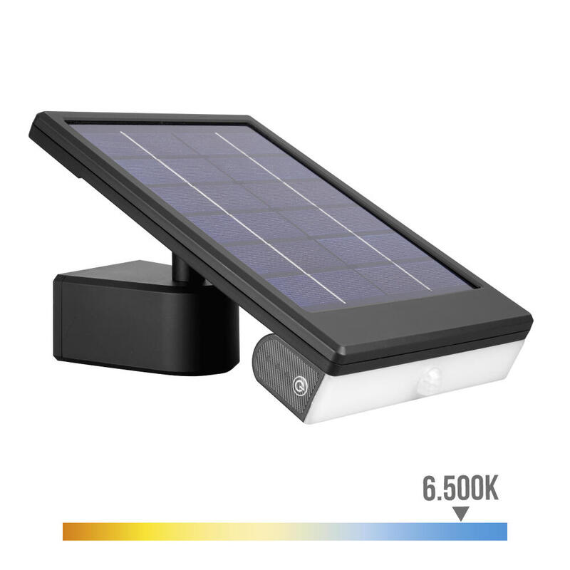 Aplique solar led 6w 720lm 6.500k con sensor crepuscular y movimiento. color negro edm