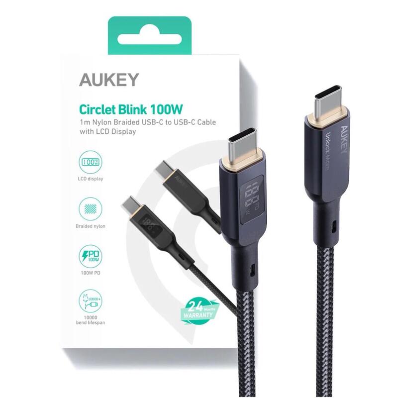 Aukey cb-mcc102 cable usb-c power delivery pd 100w 5a led 1.8m nylon negro