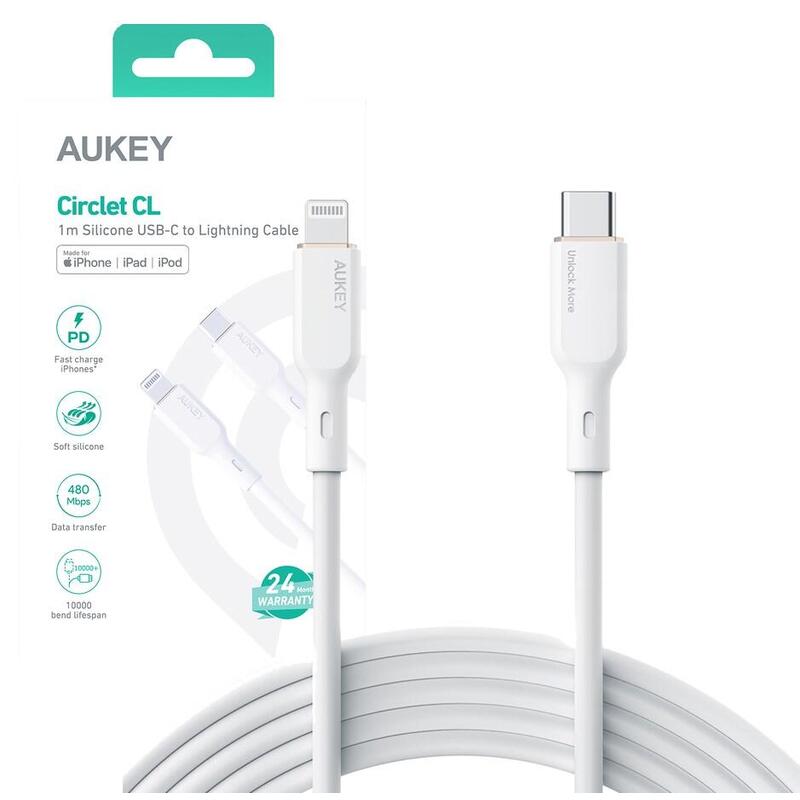 Aukey cb-scl2 power delivery usb c – lightning apple 1.8m 27w 3a silicon cable white