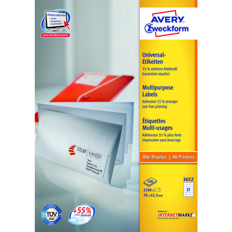 Avery 3652z etiqueta autoadhesiva rectángulo blanco 2100 pieza(s) 70 x 42,3mm, a4