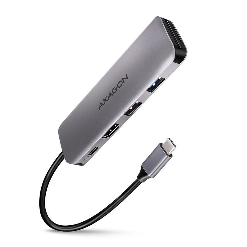 Axagon hmc-5 usb-c-hub, 2x usb-a, hdmi, 2x usb-c 3.2 gen 1, 1x sd, 1x microsd, plata