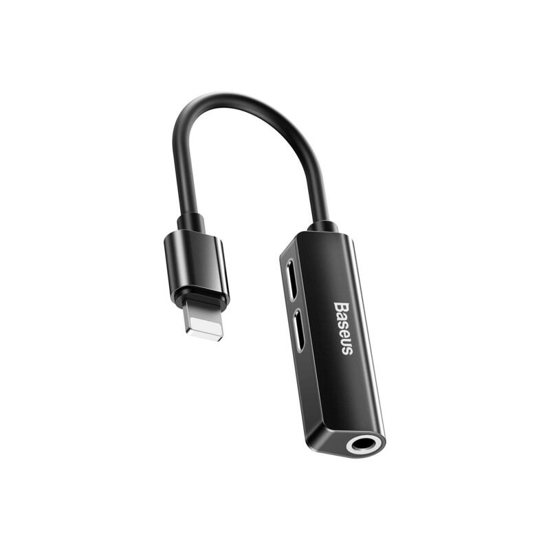 Baseus l52 adaptador lightning a mini jack 3.5mm + 2x lightning (black)
