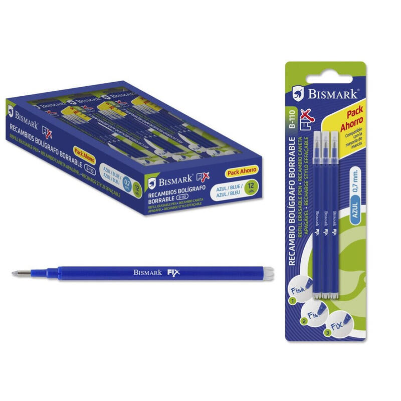 Bismark fix pack de 3 recambios para boligrafo borrable – punta fina 0.7mm – color azul