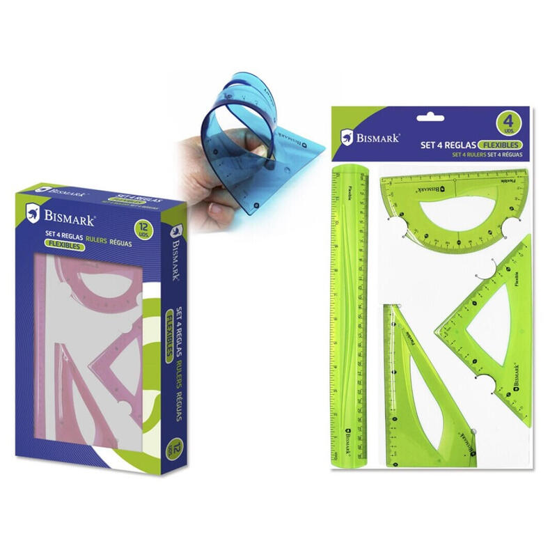 Bismark pack de 4 reglas flexibles – regla recta – transportador – escuadra – cartabon – colores surtidos