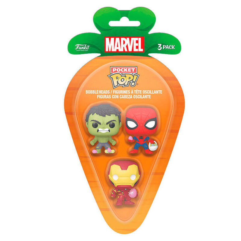 Blister 3 figuras carrot pocket pop marvel spiderman hulk iron man