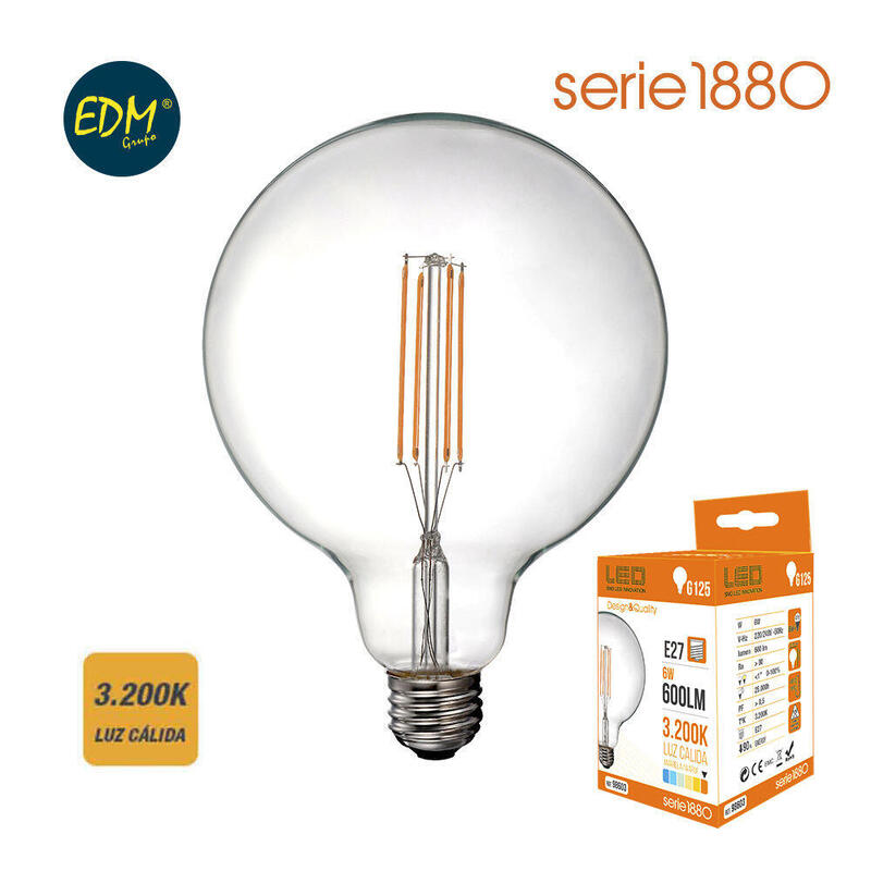 Bombilla de globo con filamento de led e27 6w 800lm 3200k luz calida Ø12,5x17cm edm