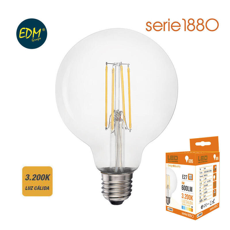 Bombilla de globo con filamento de led e27 6w 800lm 3200k luz calida Ø9,5×14,5cm edm