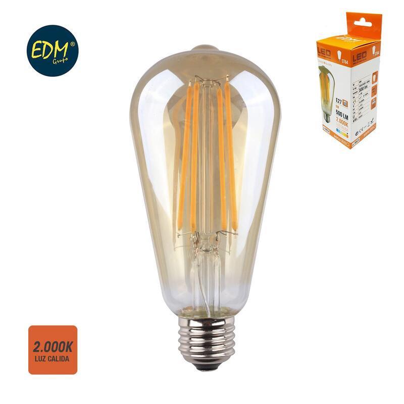 Bombilla ovoide con filamento de led. cristal vintage e27 6w 500lm 2000k luz calida Ø6,4×14,2cm edm
