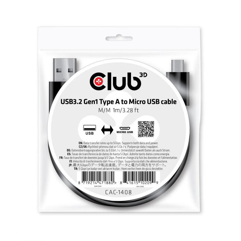 Cable club3d usb 3.2 tipo a micro usb 1m pc / pc polybag