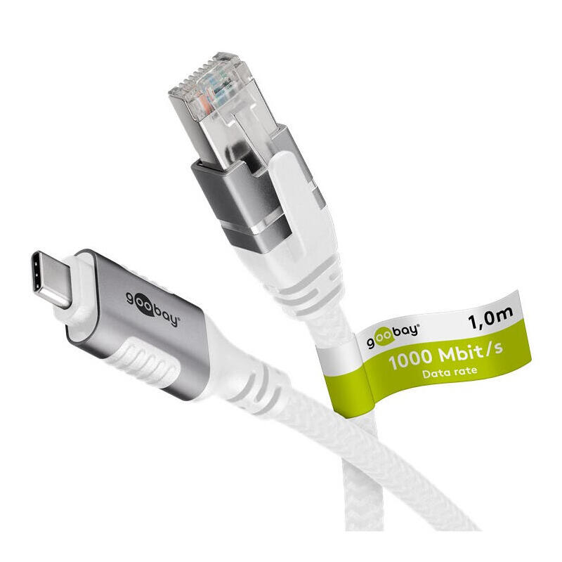 Cable ethernet goobay usb-c 3.2 gen2 macho  rj-45 macho, adaptador lan blanco, 2 metros, cubierta textil trenzada 74176