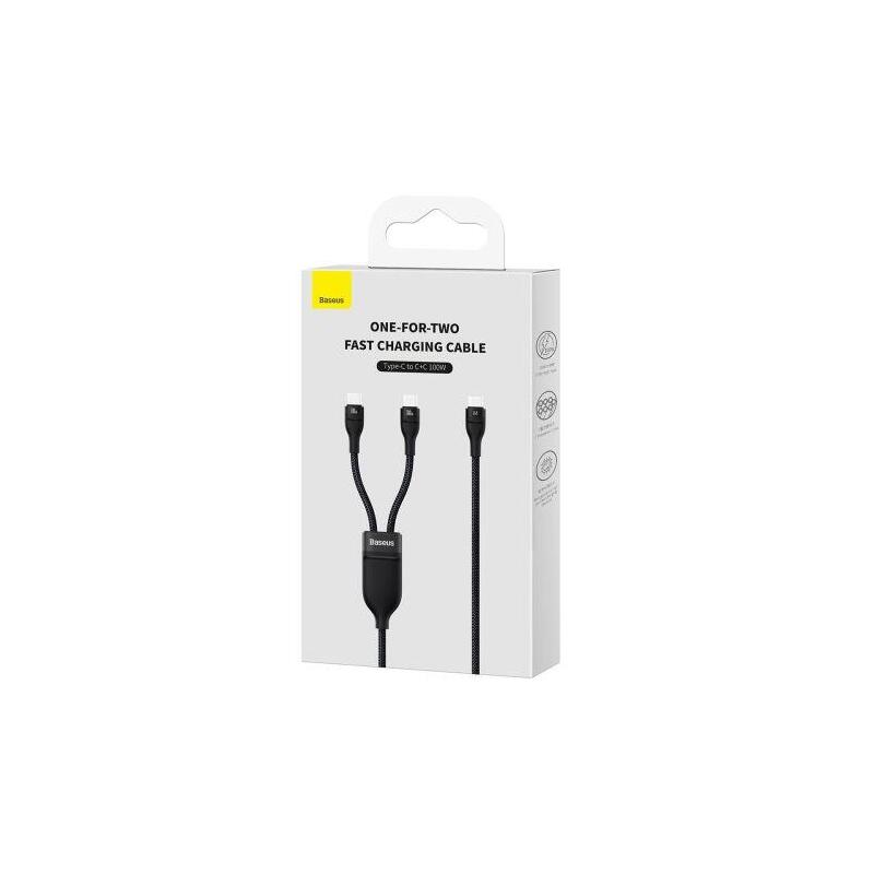 Cable universal baseus, carga rÁpida 2 en 1 flash serie ii (type-c a type-c + type-c) 100w, 1,5m, negro (cass060001)