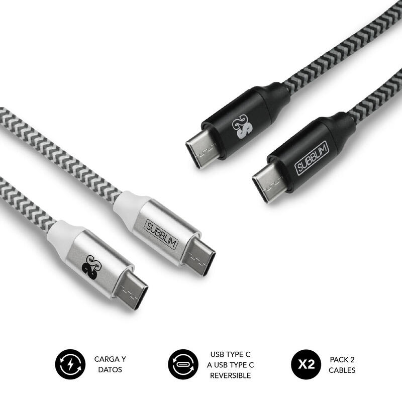 Cable usb 2.0 subblim sub-cab-4cc001 pack 2/ usb tipo-c macho usb tipo-c macho/ 1m/ negro/plata