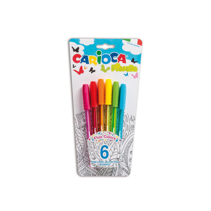 Carioca fiorella pack de 6 boligrafos – punta de esfera – cuerpo transparente fluo – escritura brillante y colorida –
