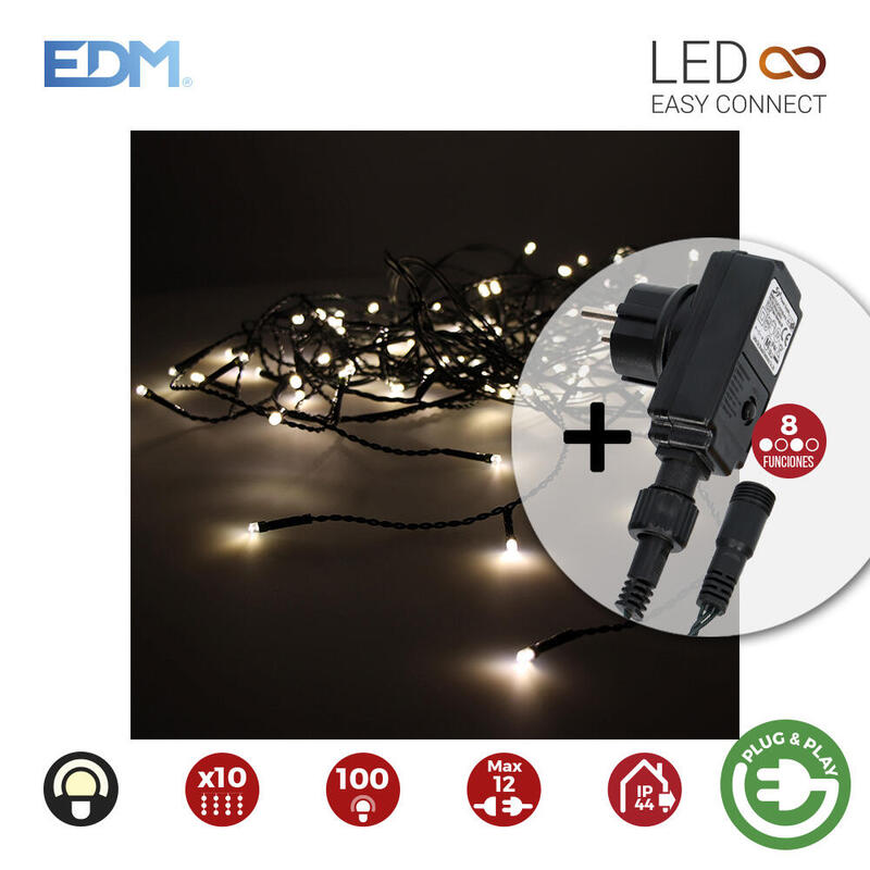 Cortina con programdor easy-connect 2x1m 10 tiras 100 leds blanco calido edm