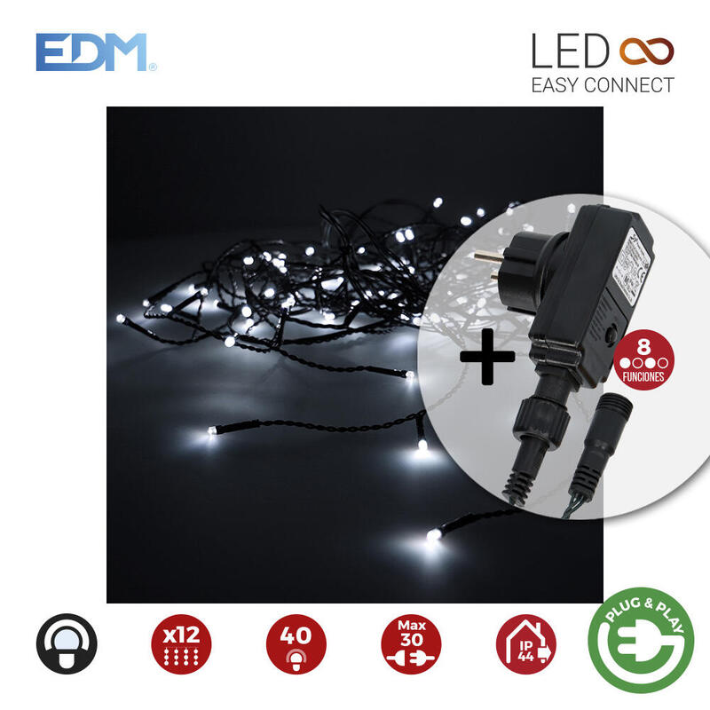Cortina icicle con programador easy-connect 2×0,5m 12 tiras 40 leds blanco frio edm