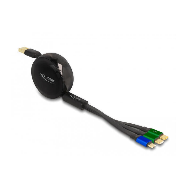 Delock 85359 usb 3 in 1 retractable charging cable for micro usb / 2 x usb type-c™ with fast charging black