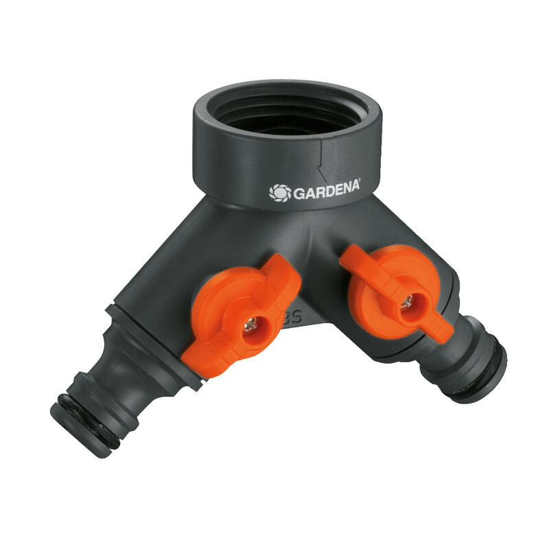 Distribuidor doble para grifos de 21mm (1/2″) 26,5mm (3/4″) 33,3mm (1″) (blister) gardena