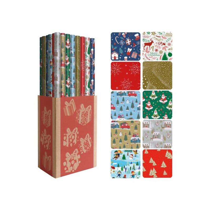 Dohe navidad expositor de 50 rollos de papel regalo – 10 diseÑos diferentes – 5 rollos por diseÑo – medidas del rollo