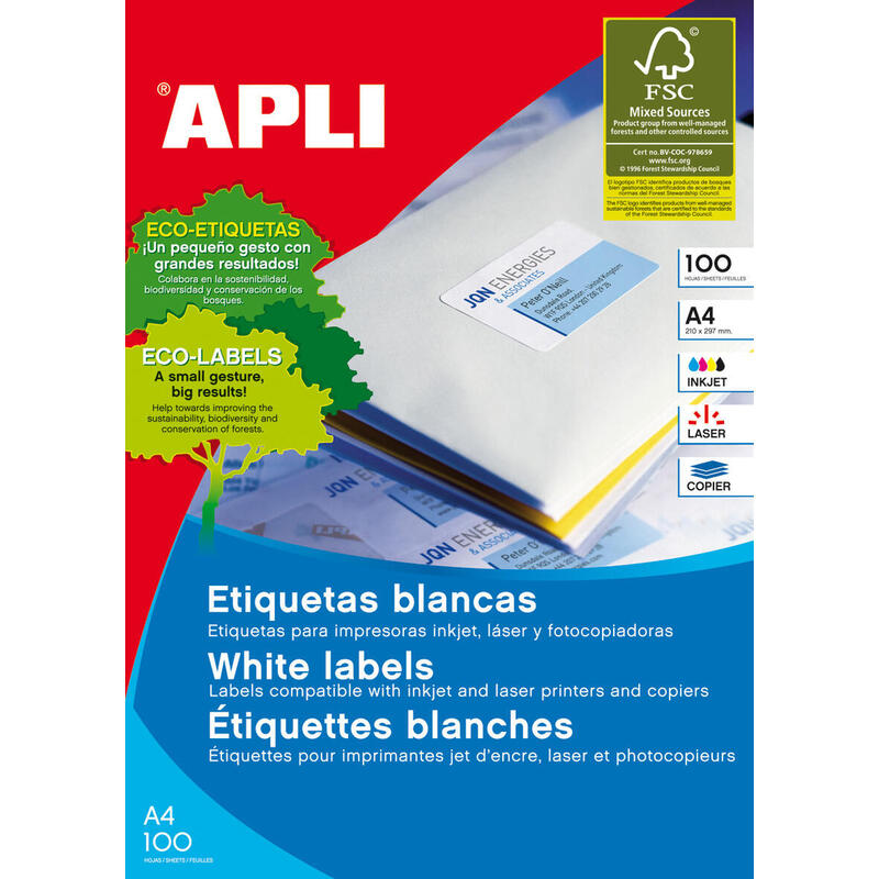 Etiquetas para impresoras inkjet,laser a4 apli 100 hojas blanco 105 x 74