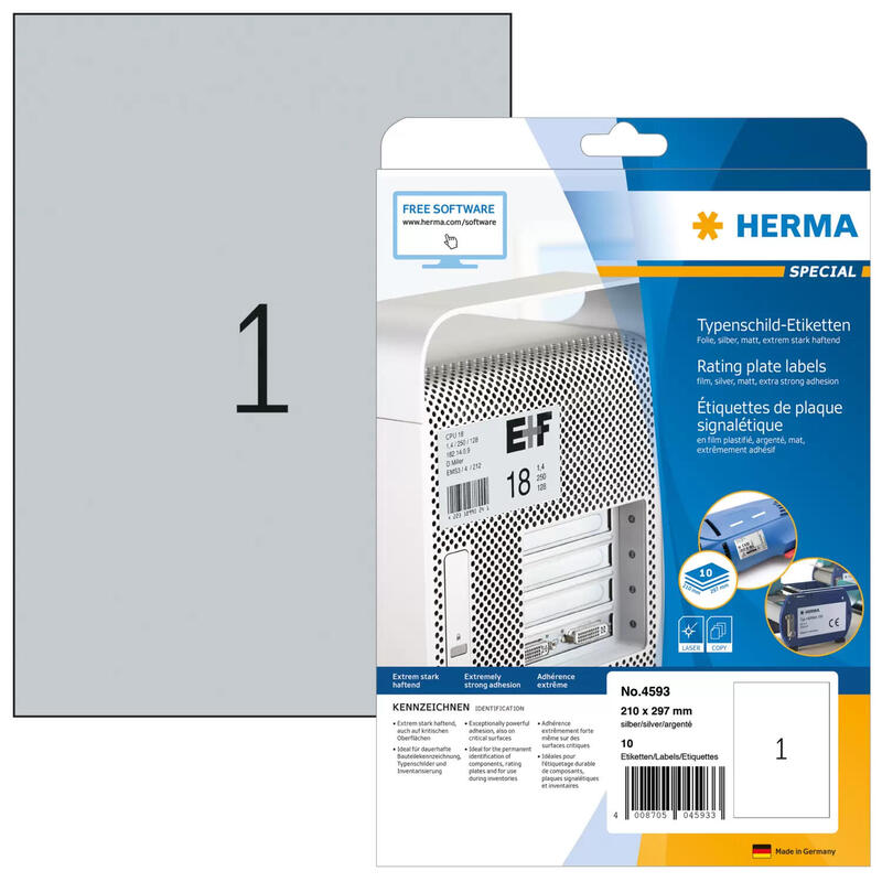 Etiquetas para placas de identificaciÓn herma a4 plateadas. lÁmina de 210×297 mm 10 uds.