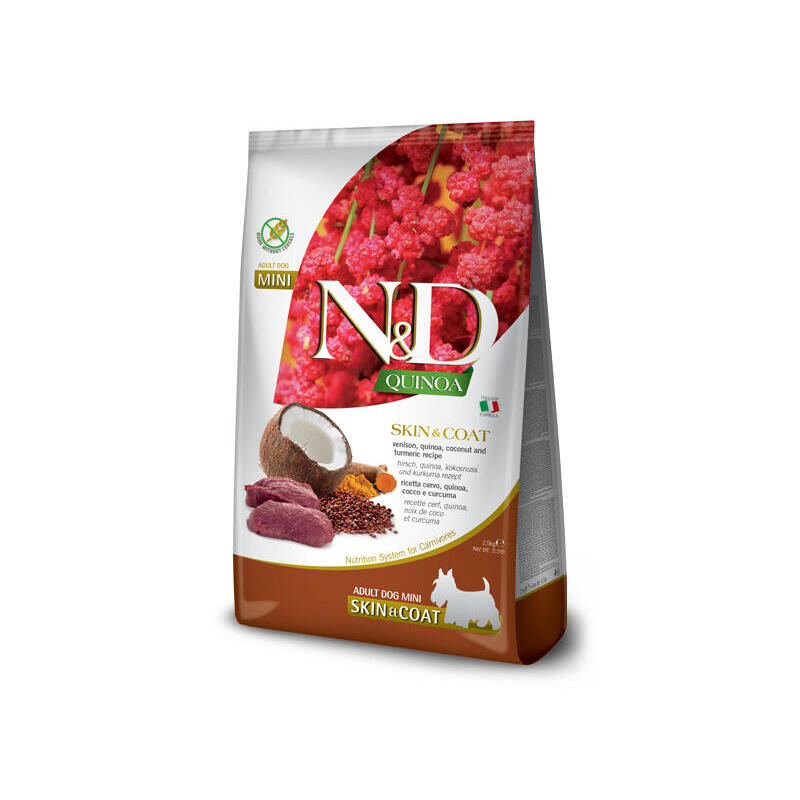 Farmina n&d quinoa dog skin&coat venison, coconut adult mini  – alimento seco para perros – 2.5 kg