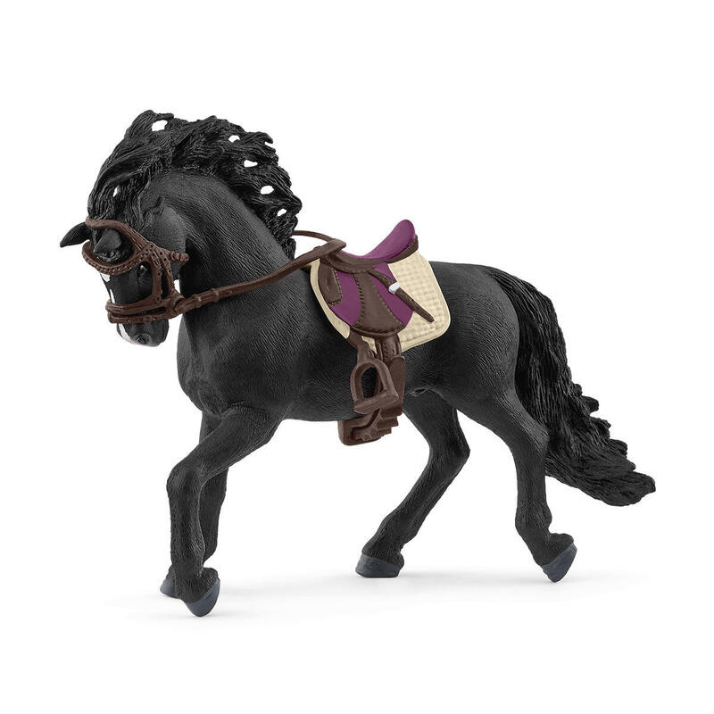 Figura de juguete marrÓn de semental schleich horse club pura raza espaÑola con silla de montar y brida 42707
